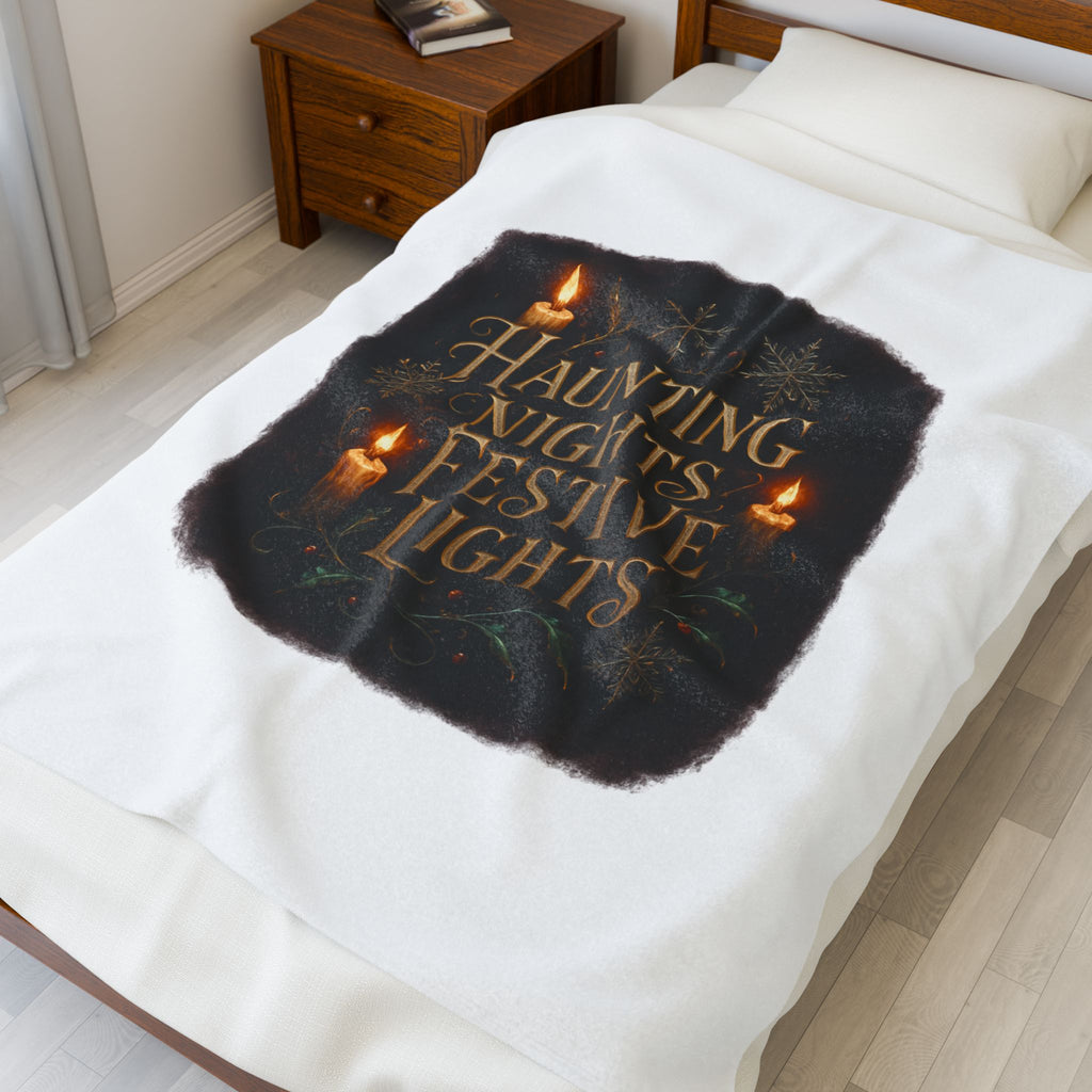 Haunting Nights Festive Lights Plush Blanket — Cozy Holiday Candlelight Throw