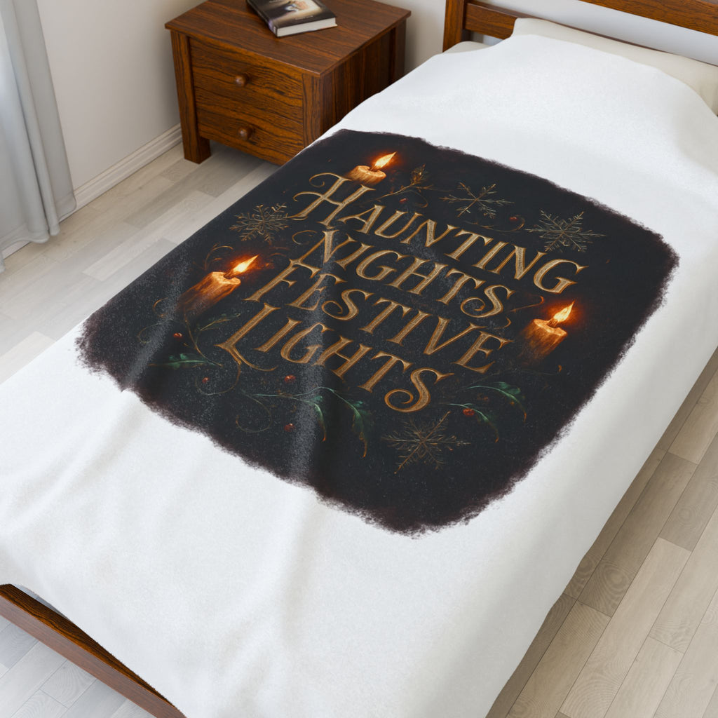 Haunting Nights Festive Lights Plush Blanket — Cozy Holiday Candlelight Throw
