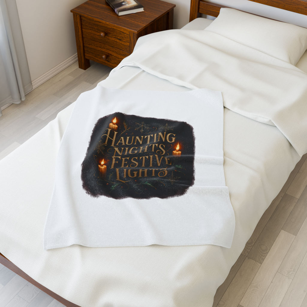 Haunting Nights Festive Lights Plush Blanket — Cozy Holiday Candlelight Throw
