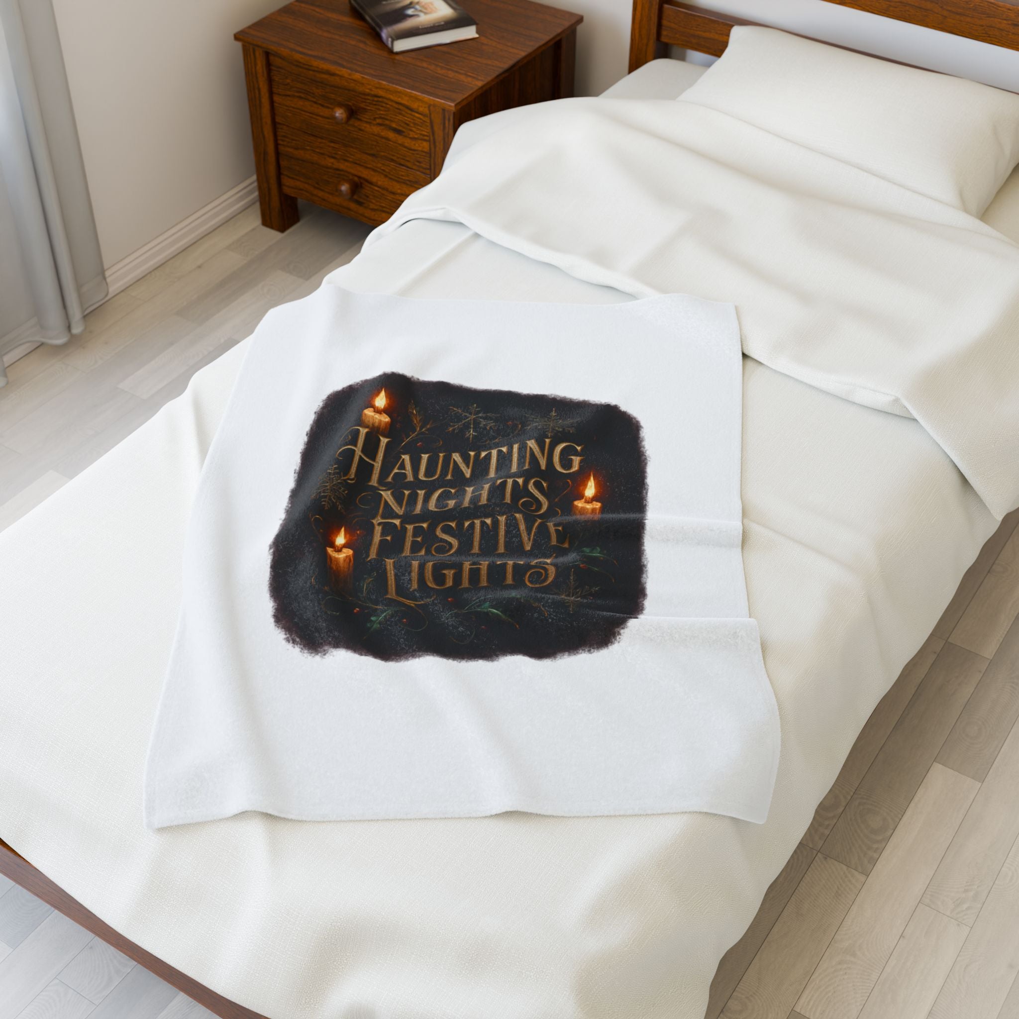 Haunting Nights Festive Lights Plush Blanket — Cozy Holiday Candlelight Throw
